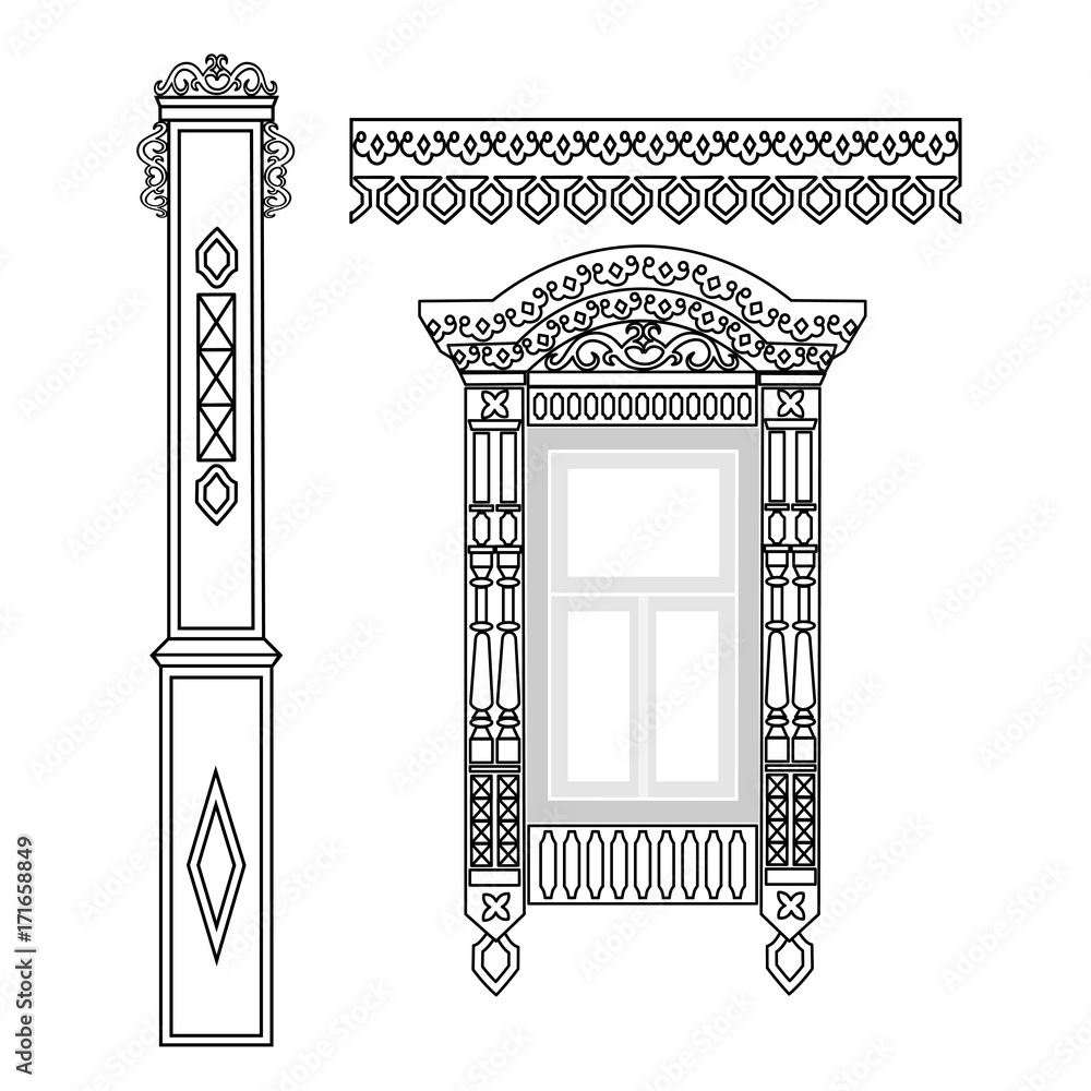 Set of wooden decorations for the window. Traditional Russian wooden houses design. Vector illustration.