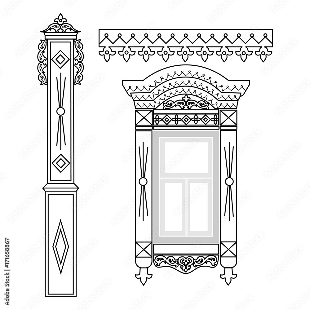 Set of wooden decorations for the window. Traditional Russian wooden houses design. Vector illustration.