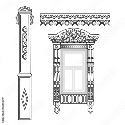Obraz na płótnie Set of wooden decorations for the window. Traditional Russian wooden houses design. Vector illustration. w salonie