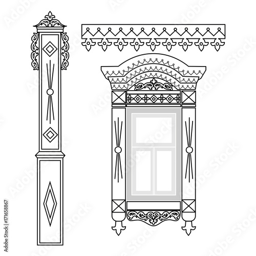 Obraz na płótnie Set of wooden decorations for the window. Traditional Russian wooden houses design. Vector illustration. w salonie