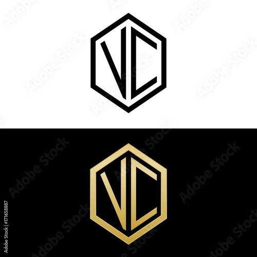 initial letters logo vc black and gold monogram hexagon shape vector
