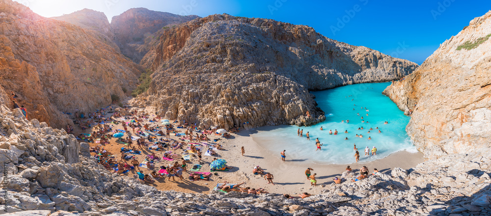 Seitan limania or Agiou Stefanou, the heavenly beach with turquoise water. Chania, Akrotiri, Crete, Greece. - obrazy, fototapety, plakaty 
