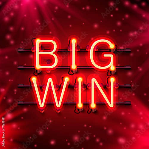 Neon casino big win signboard on the red background. Vector illustration