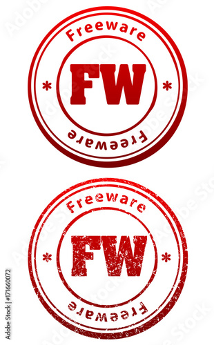Pair of red rubber stamps in grunge and solid style with caption Freeware and abbreviation FW