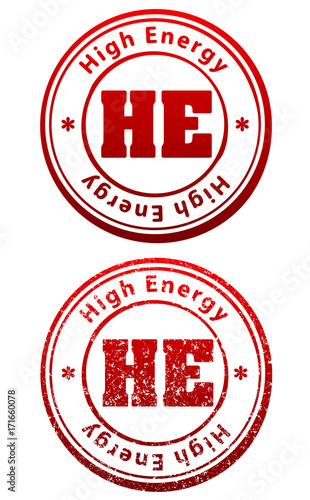 Pair of red rubber stamps in grunge and solid style with caption High Energy and abbreviation HE