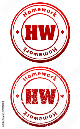 Pair of red rubber stamps in grunge and solid style with caption Homework and abbreviation HW