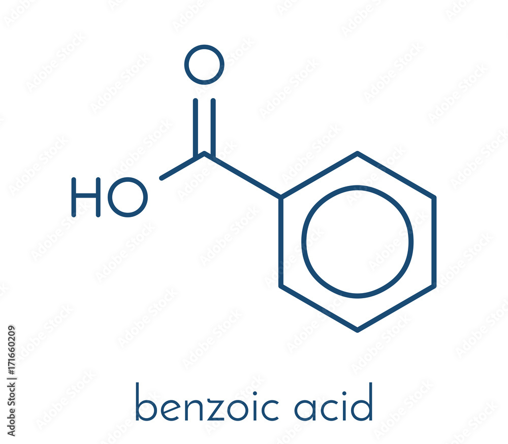 Benzoic acid molecule. Benzoate salts are used as food preservatives. Skeletal formula. Benzoic acid molecule. Benzoate salts are used as food preservatives. Skeletal formula.