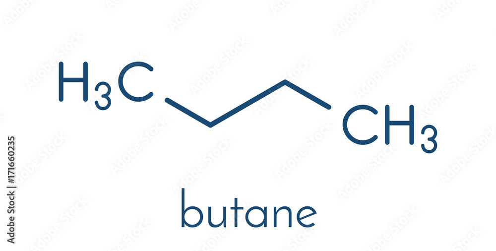 Butane hydrocarbon molecule. Commonly used as fuel gas, alone or combined with propane (LPG, liquified petroleum gas). Skeletal formula. Butane hydrocarbon molecule. Commonly used as fuel gas, alone or combined with propane (LPG, liquified petroleum gas). Skeletal formula.