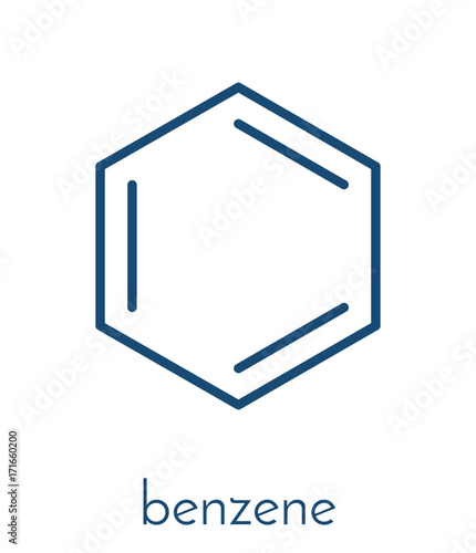 Benzene aromatic hydrocarbon molecule. Important in petrochemistry, component of gasoline. Skeletal formula.