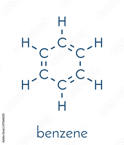 Benzene aromatic hydrocarbon molecule. Important in petrochemistry, component of gasoline. Skeletal formula.