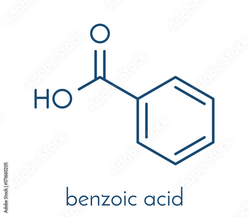 Benzoic acid molecule. Benzoate salts are used as food preservatives. Skeletal formula.