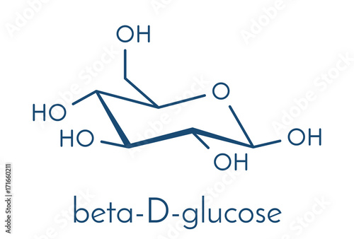 Glucose (dextrose, grape sugar) molecule (beta-D-glucopyranose form). Skeletal formula.