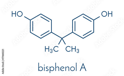 Bisphenol A (BPA) plastic pollutant molecule. Chemical often present in polycarbonate plastics, has estrogen disrupting effects. Skeletal formula.