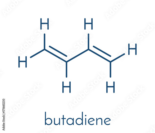 Butadiene (1,3-butadiene) synthetic rubber building block molecule. Used in synthesis of polybutadiene, ABS and other polymeric materials. Skeletal formula.