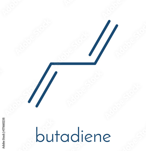 Butadiene (1,3-butadiene) synthetic rubber building block molecule. Used in synthesis of polybutadiene, ABS and other polymeric materials. Skeletal formula.