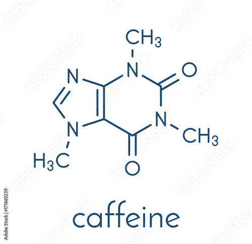 Caffeine stimulant molecule. Present in coffee, tea and many soft and energy drinks. Skeletal formula.