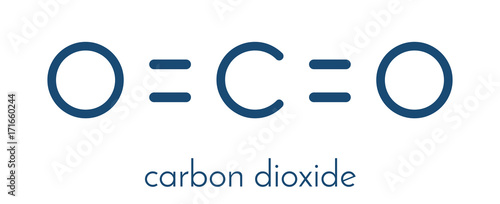 Carbon dioxide (CO2) molecule, flat icon style. Greenhouse gas. Skeletal formula.