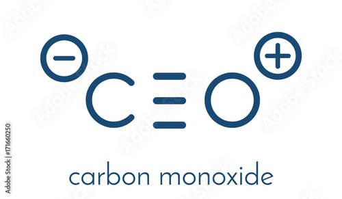 Carbon monoxide (CO) toxic gas molecule. Carbon monoxide poisoning frequently occurs due to malfunctioning fuel-burning home appliances. Skeletal formula.