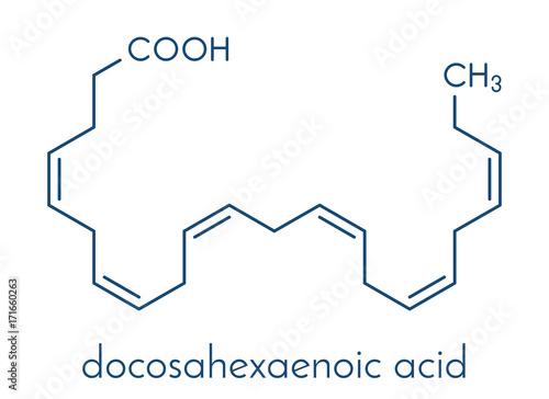 Docosahexaenoic acid (DHA, cervonic acid) molecule. Polyunsaturated omega-3 fatty acid present in fish oil. Skeletal formula.