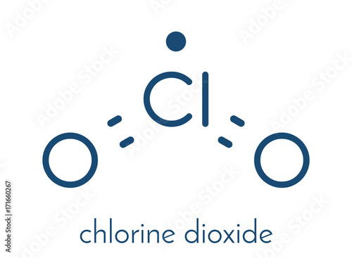 Chlorine dioxide (ClO2) molecule. Used in pulp bleaching and for disinfection of drinking water. Skeletal formula.