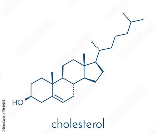 Cholesterol molecule. Essential component of cell membranes and precursor of steroid hormones, bile acids and vitamin D. Skeletal formula.