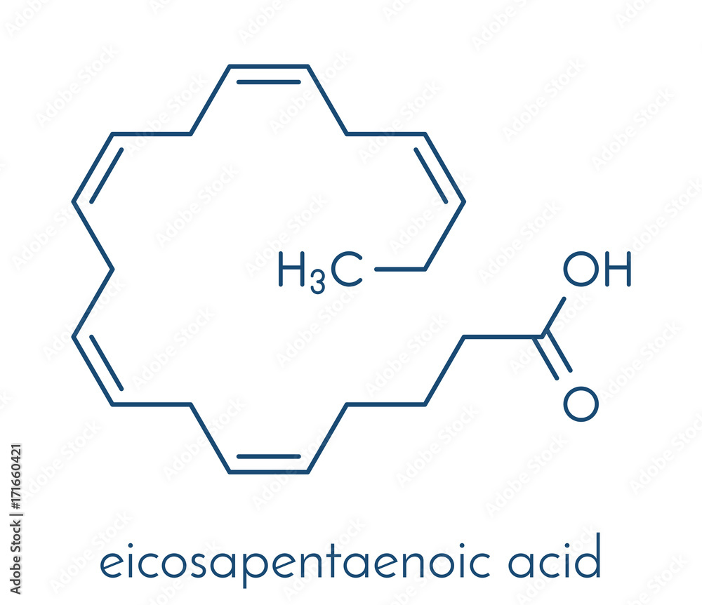 Eicasapentaenoic acid (EPA, timnodonic acid) molecule. Polyunsaturated omega -3 fatty acid, present in fish oil. Skeletal formula. Stock Vector | Adobe  Stock