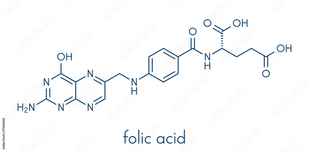 Vitamin B9 (folic acid) molecule. Skeletal formula.