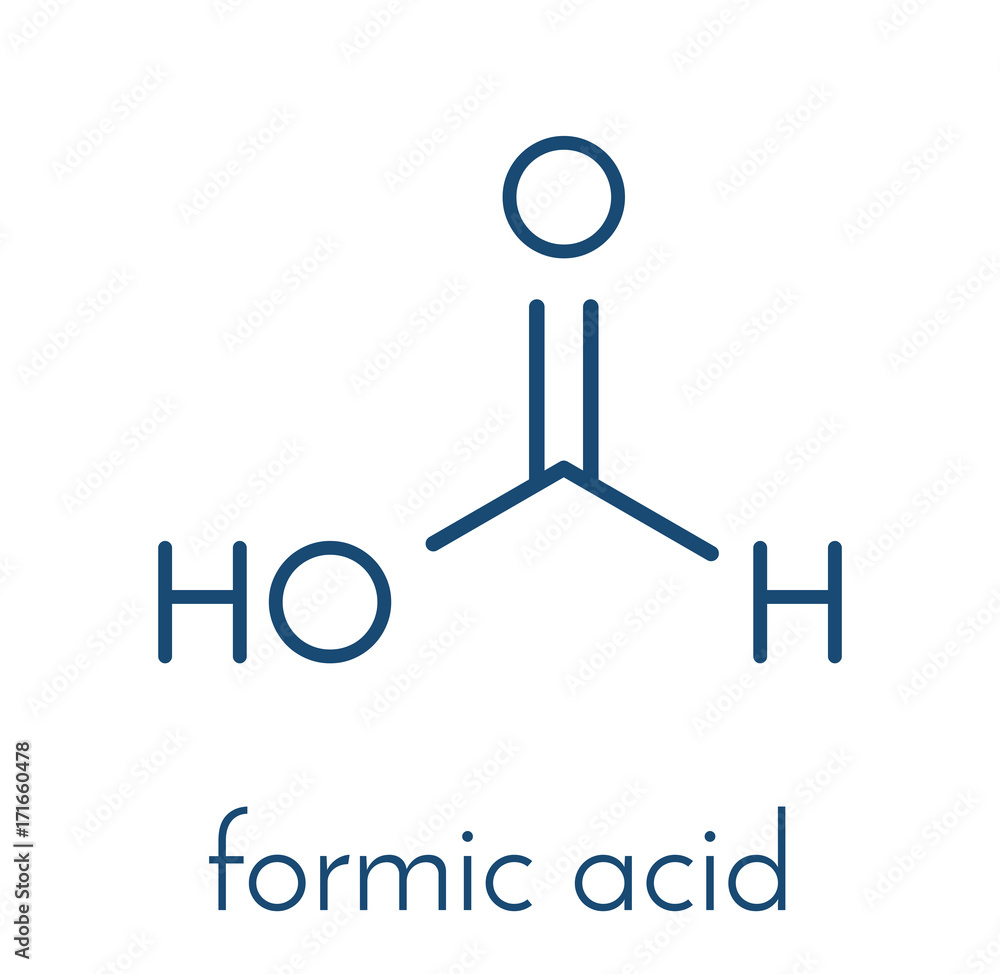 Formic acid molecule. Present in ant venom and in stinging nettle. Skeletal formula. Formic acid molecule. Present in ant venom and in stinging nettle. Skeletal formula.
