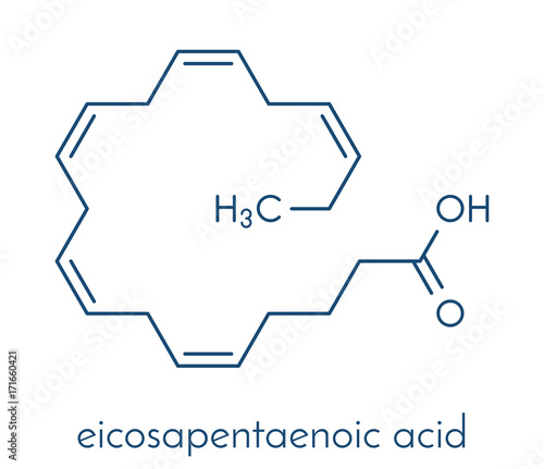 Eicasapentaenoic acid (EPA, timnodonic acid) molecule. Polyunsaturated omega-3 fatty acid, present in fish oil. Skeletal formula.