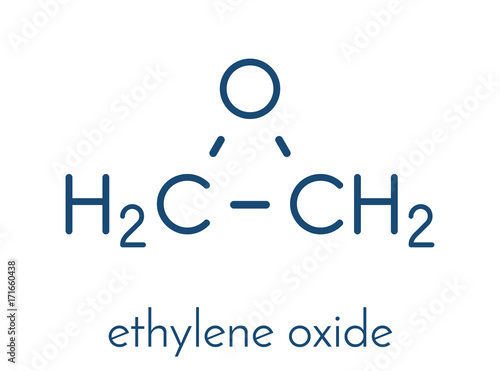 Ethylene oxide (oxirane) molecule. Uses include sterilization of medical devices and as a precursor of polymers. Skeletal formula. photo
