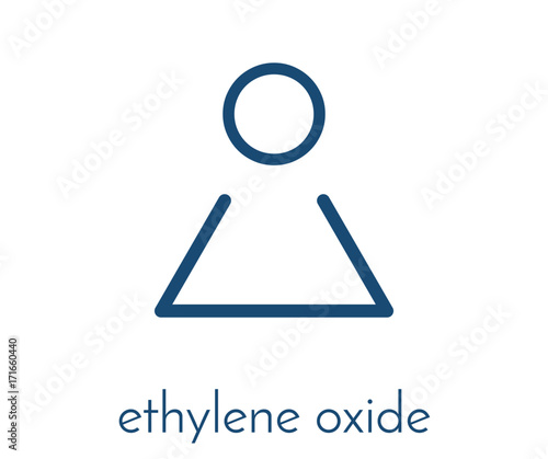 Ethylene oxide (oxirane) molecule. Uses include sterilization of medical devices and as a precursor of polymers. Skeletal formula.