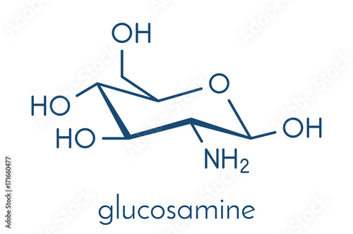 Glucosamine dietary supplement molecule. Used in treatment of osteoarthritis. Skeletal formula.