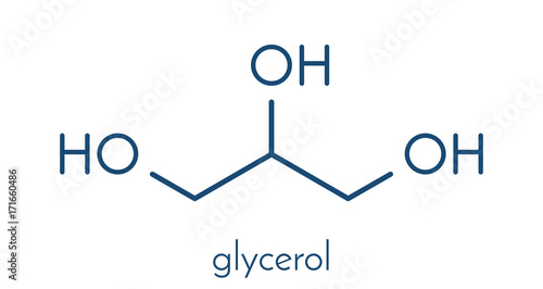 Glycerol (glycerin) molecule. Produced from fat and oil triglycerides. Used as sweetener, solvent and preservative in food and drugs. Skeletal formula. photo