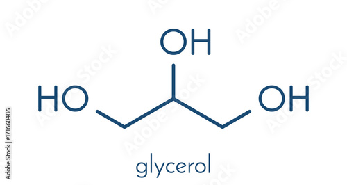 Glycerol (glycerin) molecule. Produced from fat and oil triglycerides. Used as sweetener, solvent and preservative in food and drugs. Skeletal formula.