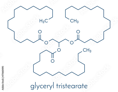 Stearin saturated fat molecule: triglyceride composed of glycerol and 3 saturated fatty acids (stearic acid). Skeletal formula.