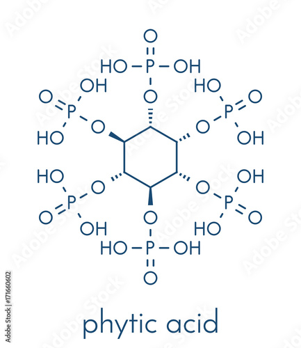 Phytic acid (hexakisphosphate, IP6, phytate) molecule. Present in seeds and grains of many plants, acting as storage form of phosphorus. Skeletal formula.
