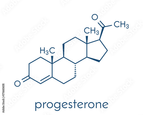 Progesterone female sex hormone molecule. Plays role in menstrual cycle and pregnancy. Skeletal formula.