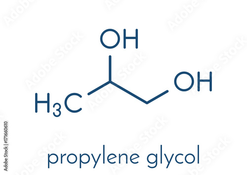 Propylene glycol (1,2-propanediol) molecule. Used as solvent in pharmaceutical drugs, as food additive, in de-icing solutions, etc Skeletal formula.