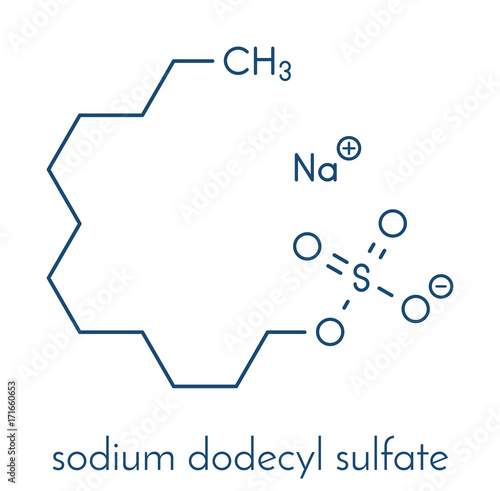 Sodium dodecyl sulfate (SDS, sodium lauryl sulfate) surfactant molecule. Commonly used in cleaning products. Skeletal formula. photo