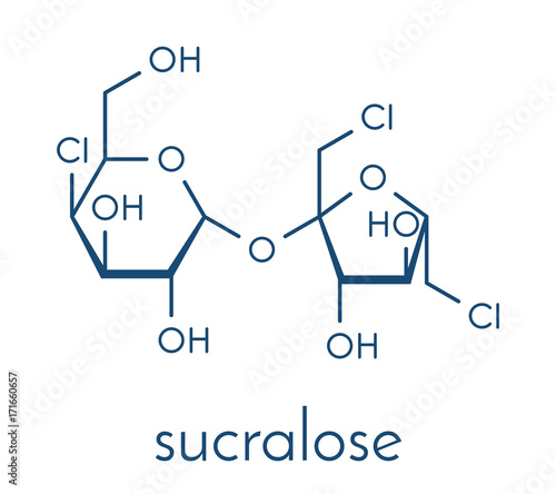 Sucralose artificial sweetener molecule. Used as sugar substitute. Skeletal formula.