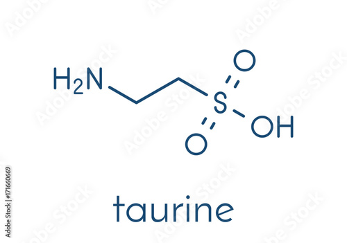 Taurine (2-aminoethanesulfonic acid) molecule. Common ingredient of energy drinks and nutritional supplements. Skeletal formula.