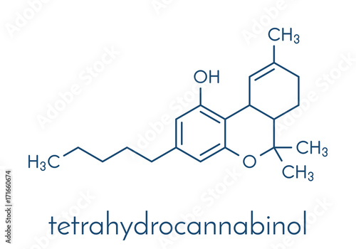 THC (delta-9-tetrahydrocannabinol, dronabinol) cannabis drug molecule. Skeletal formula.