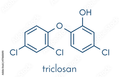 Triclosan antimicrobial molecule. Used in hand soaps, hospital scrubs, deodorants, mouth wash, etc. Skeletal formula.