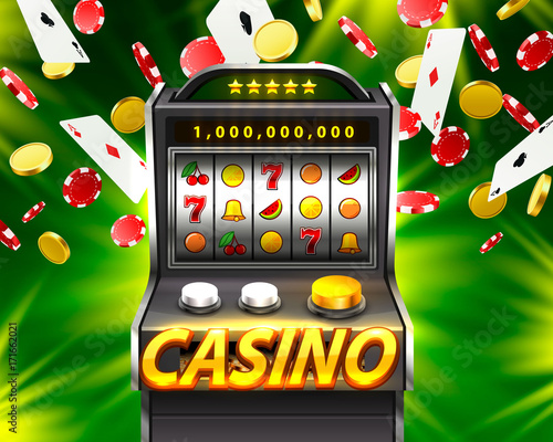 3d slots machine wins the jackpot, Isolated on green background. Vector illustration