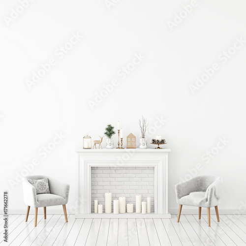 Winter livingroom interior with candle fireplace, pair of velvet armchairs and christmas decorations on white wall background. 3D rendering.