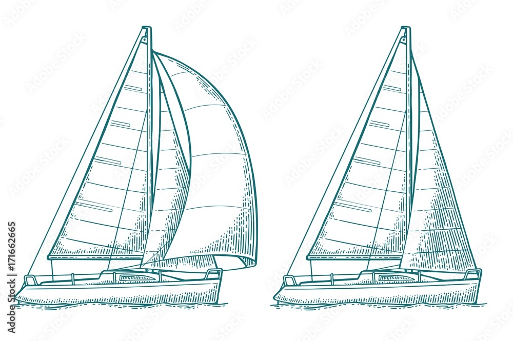 Obraz premium Two sailing yacht. Sailboat. Vector drawn flat illustration