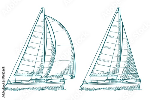 Two sailing yacht. Sailboat. Vector drawn flat illustration