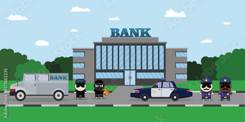Illustration of a Policeman Chasing a Thief with Stolen Bag. Bank Security Finance Service. Sheriff s car and Cartoon 2d Collector characters photo