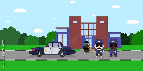 Illustration of a Policeman Chasing a Thief with Stolen Bag. police station. Sheriff s car and Cartoon 2d Collector characters.