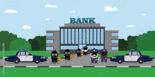 Illustration of a Policeman Chasing a Thief with Stolen Bag. Bank security officer Security Finance Service. Armored Truck, sheriff s car and Cartoon 2d Collector character.
